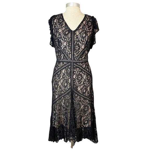Taylor Black Lace Midi Dress Women's L (12-14) Flutter Sleeves Witchy Fairy Goth - Picture 2 of 11